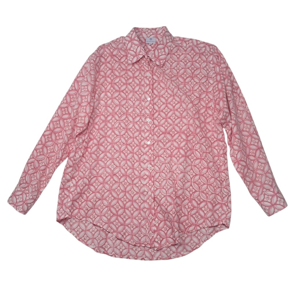 Pax Philomena Button Up Shirt‎ Womens XXL Pink Block Print Coastal Vacation